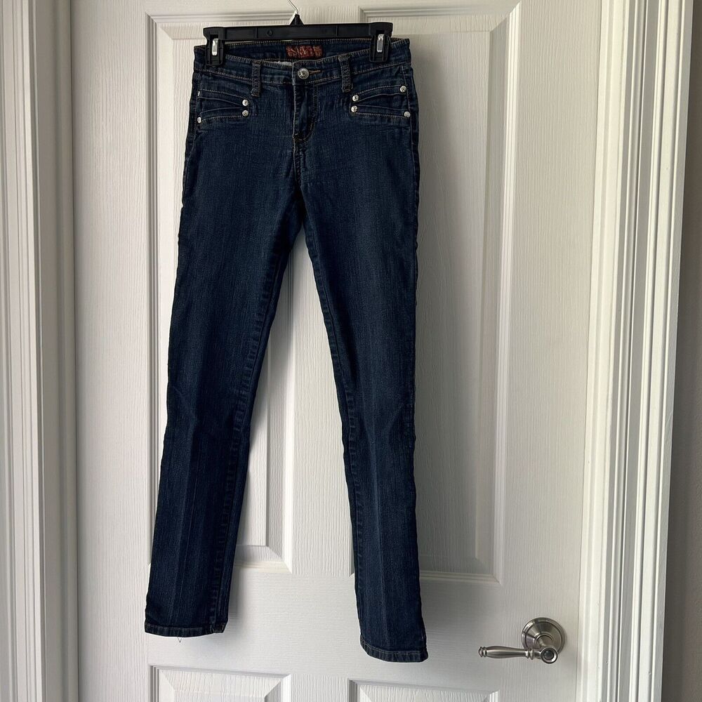 Sky Jeans Womens Size 7/8 Skinny Leg Blue Jeans Dark Wash Distressed Studs